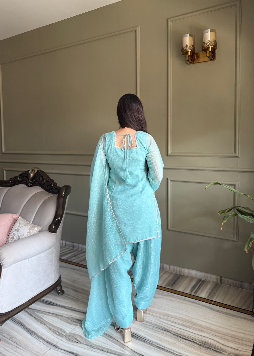 Crunchy Silk Siroki Diamond Work Farshi Salwar Suit with Lace Dupatta