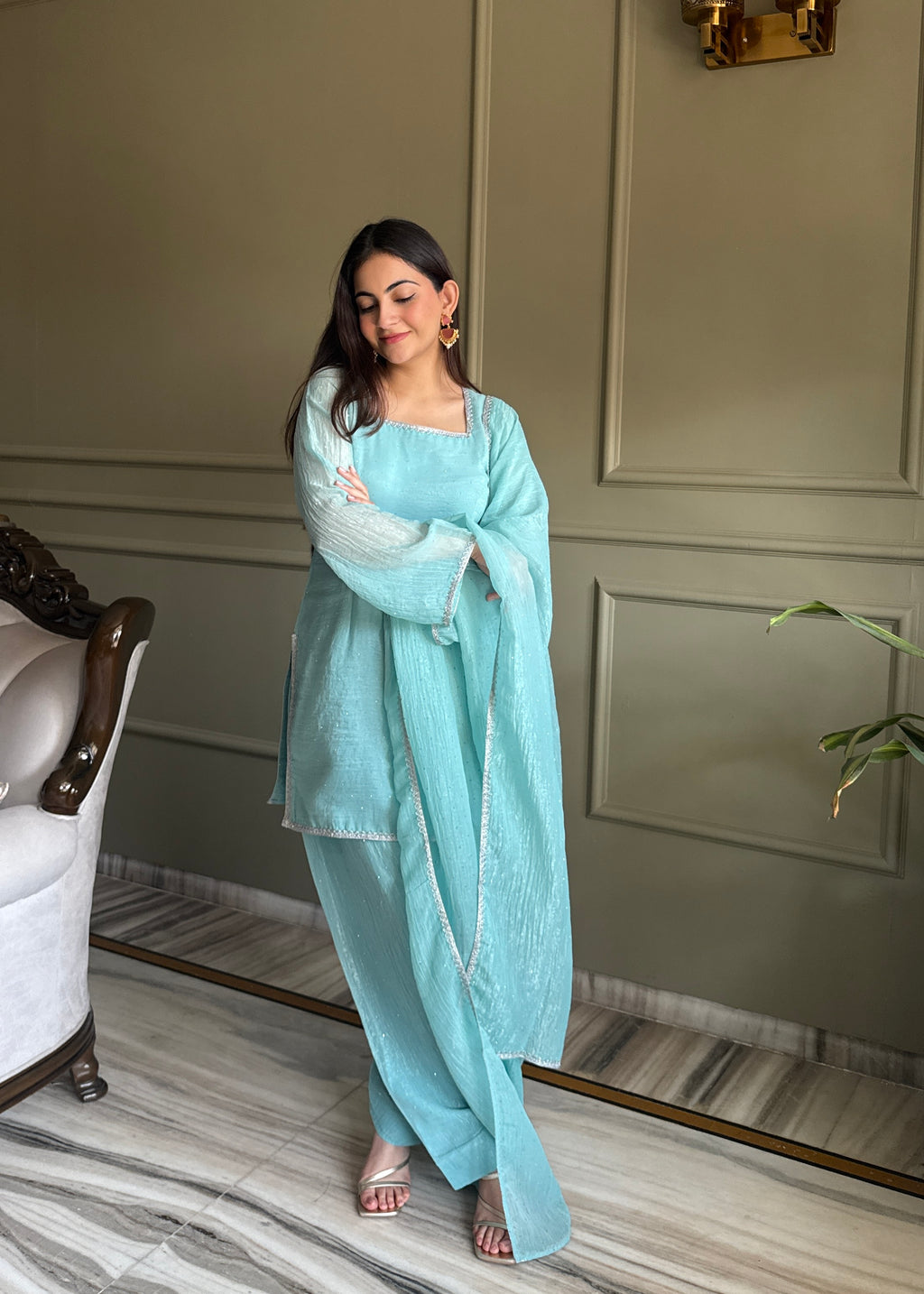 Crunchy Silk Siroki Diamond Work Farshi Salwar Suit with Lace Dupatta