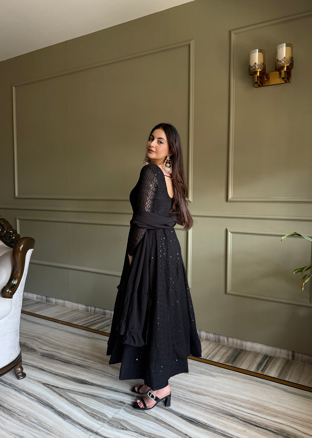 Lucknowi Fox Georgette Anarkali with Ruffle Dupatta & Pant Set