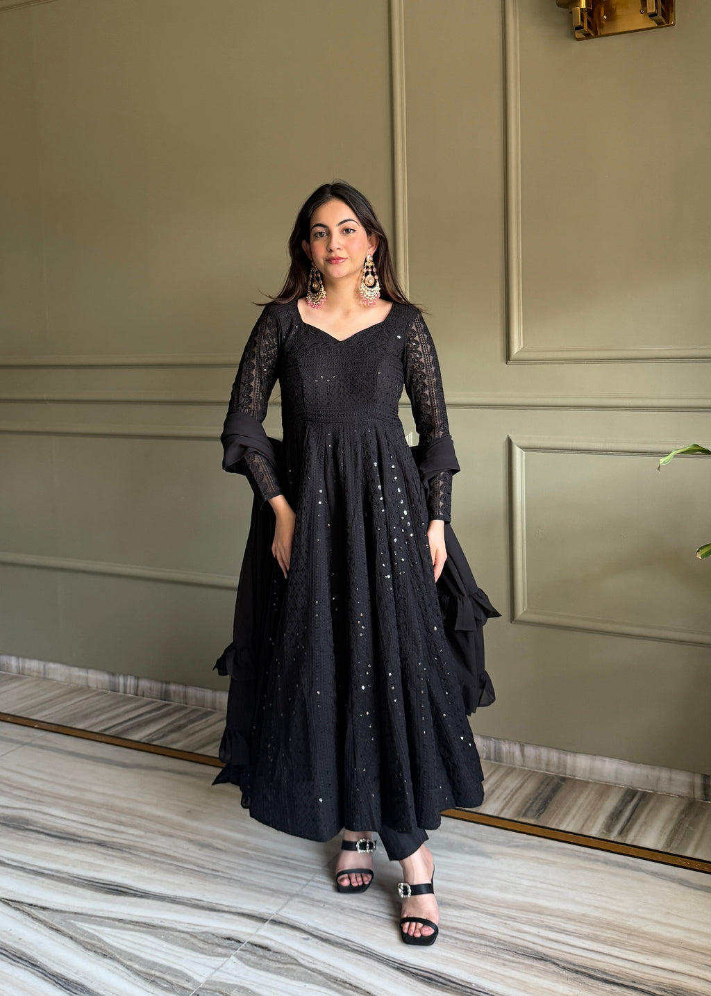 Lucknowi Fox Georgette Anarkali with Ruffle Dupatta & Pant Set