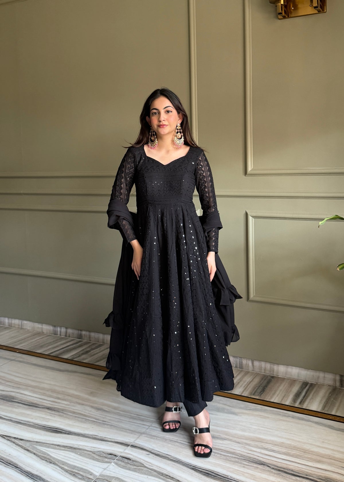 Lucknowi Fox Georgette Anarkali with Ruffle Dupatta & Pant Set