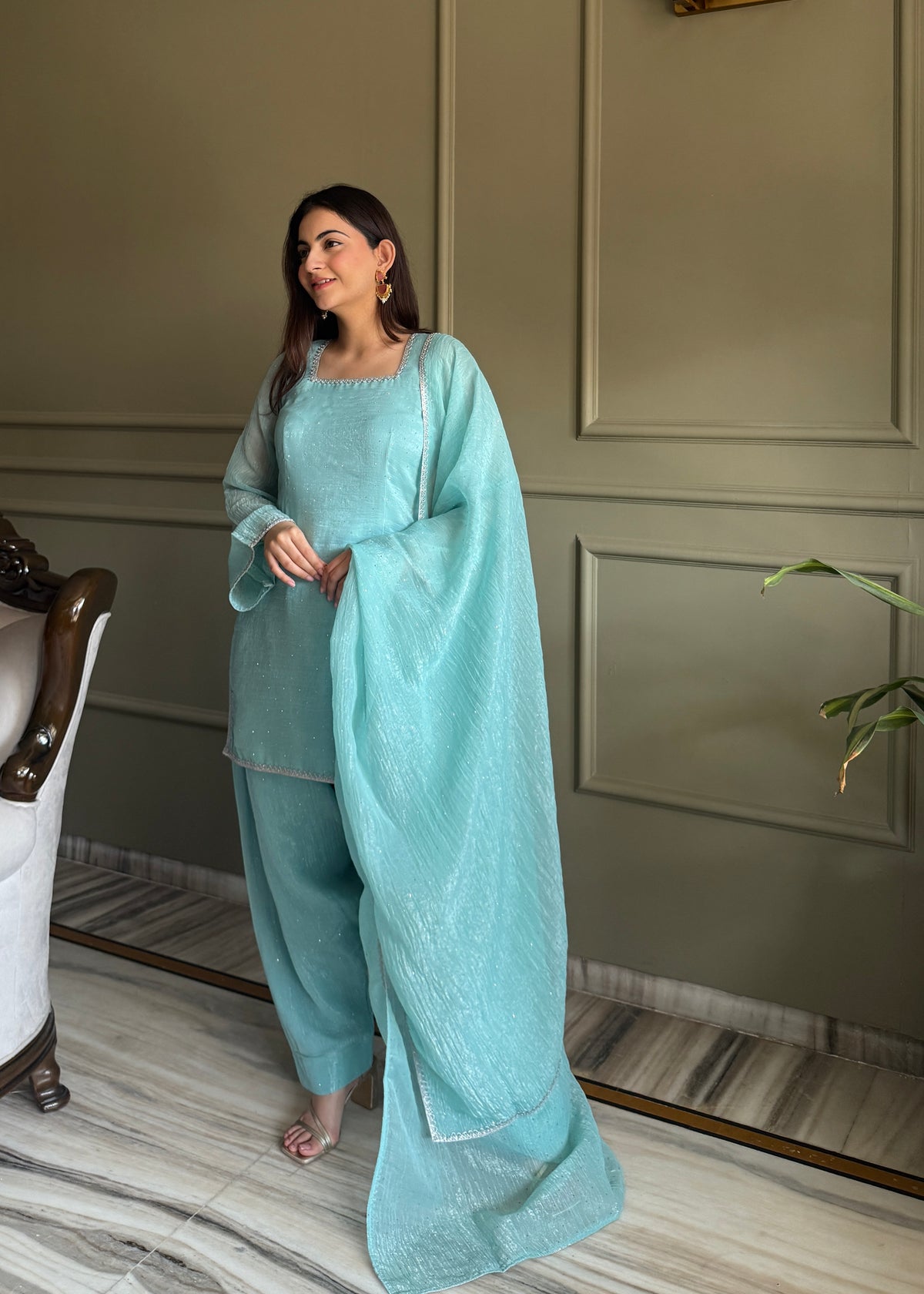 Crunchy Silk Siroki Diamond Work Farshi Salwar Suit with Lace Dupatta