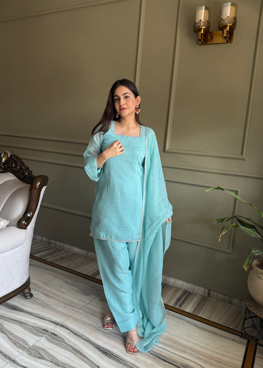Crunchy Silk Siroki Diamond Work Farshi Salwar Suit with Lace Dupatta