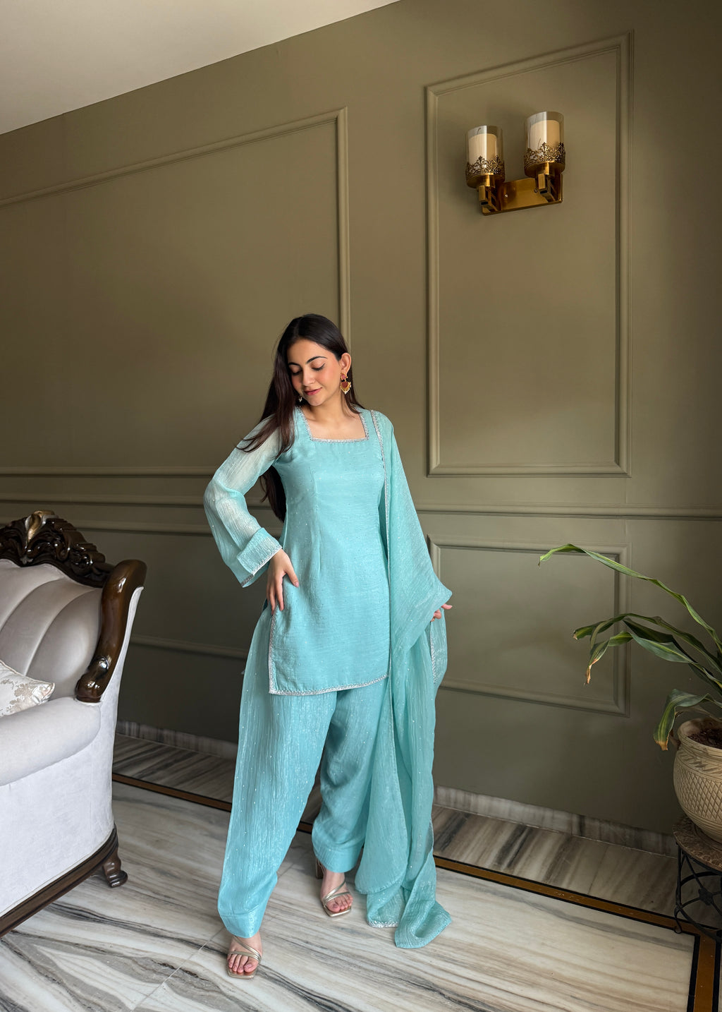 Crunchy Silk Siroki Diamond Work Farshi Salwar Suit with Lace Dupatta