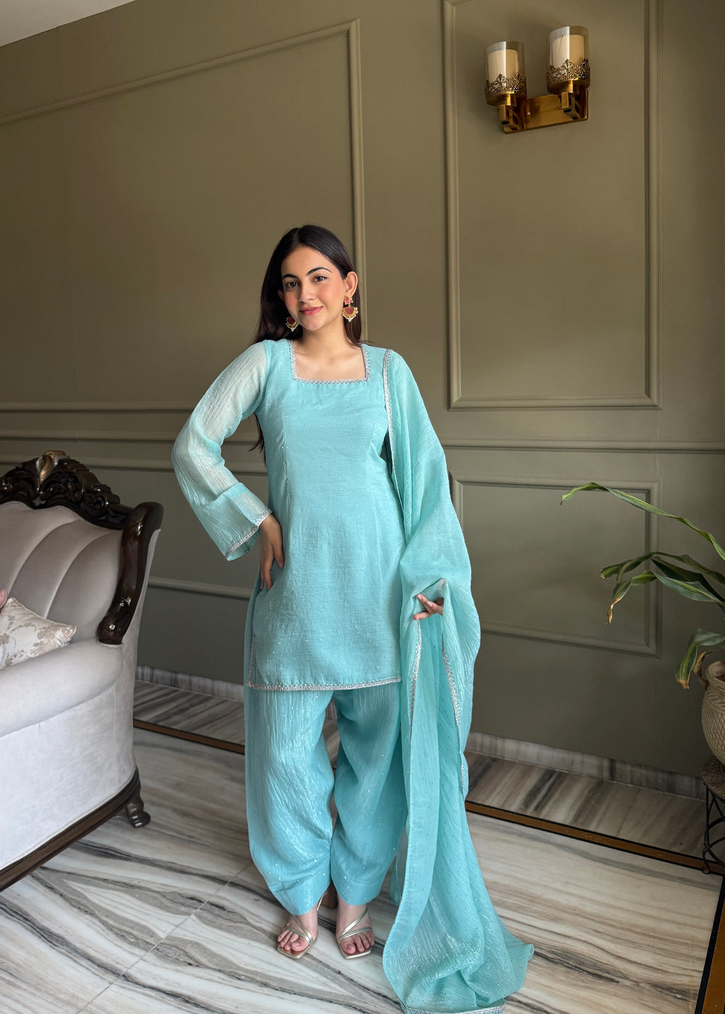Crunchy Silk Siroki Diamond Work Farshi Salwar Suit with Lace Dupatta
