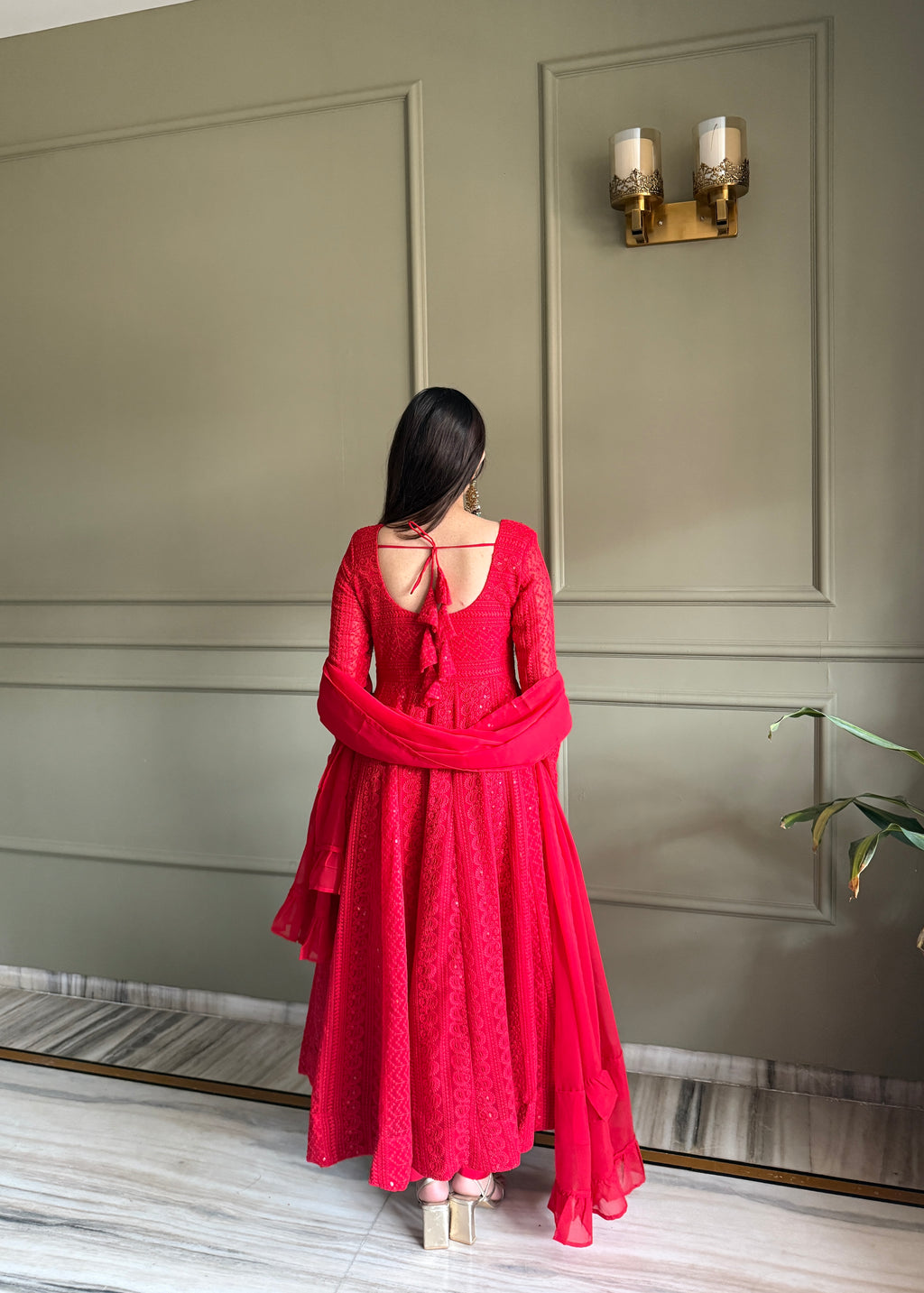 Lucknowi Fox Georgette Anarkali with Ruffle Dupatta & Pant Set