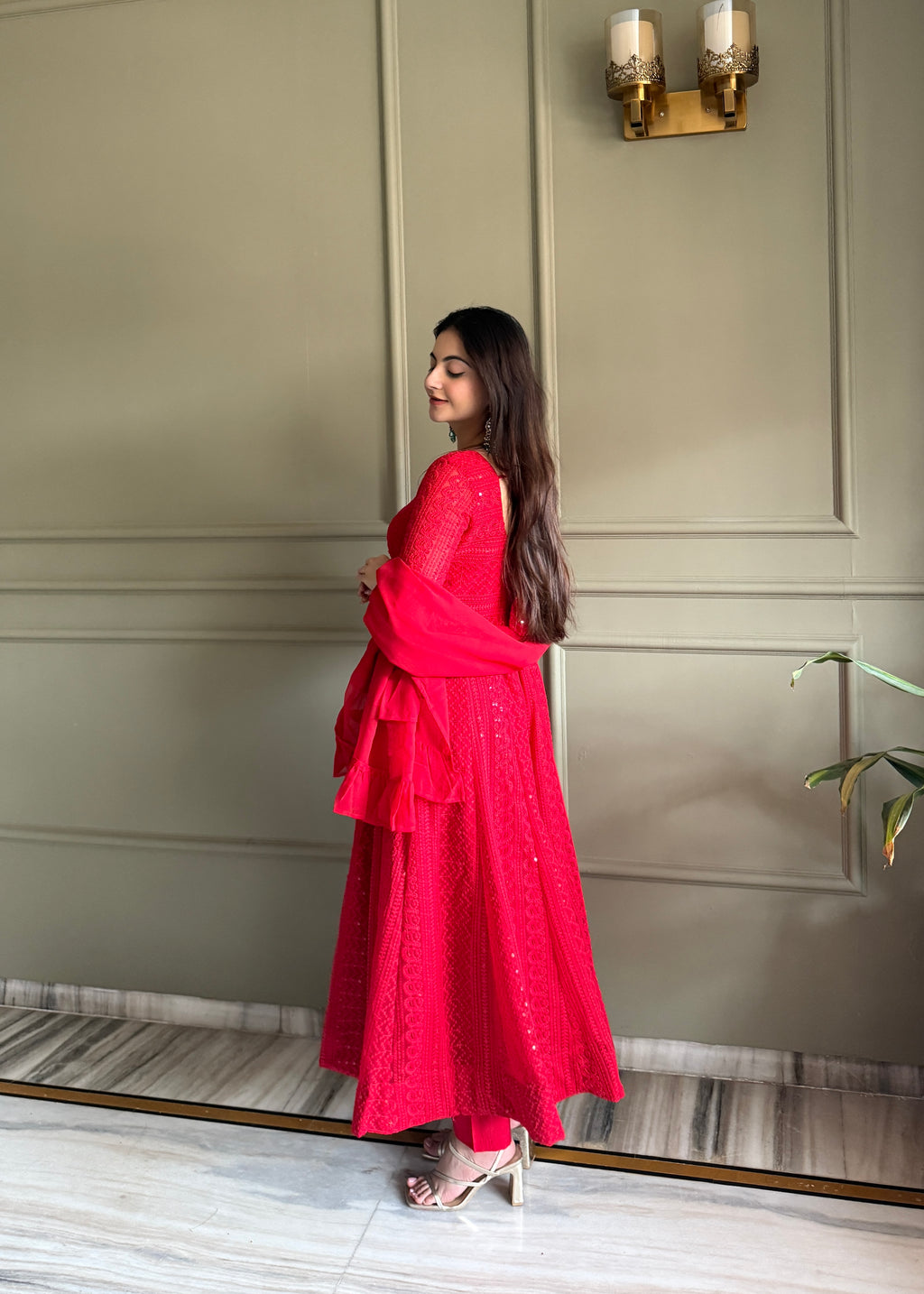 Lucknowi Fox Georgette Anarkali with Ruffle Dupatta & Pant Set