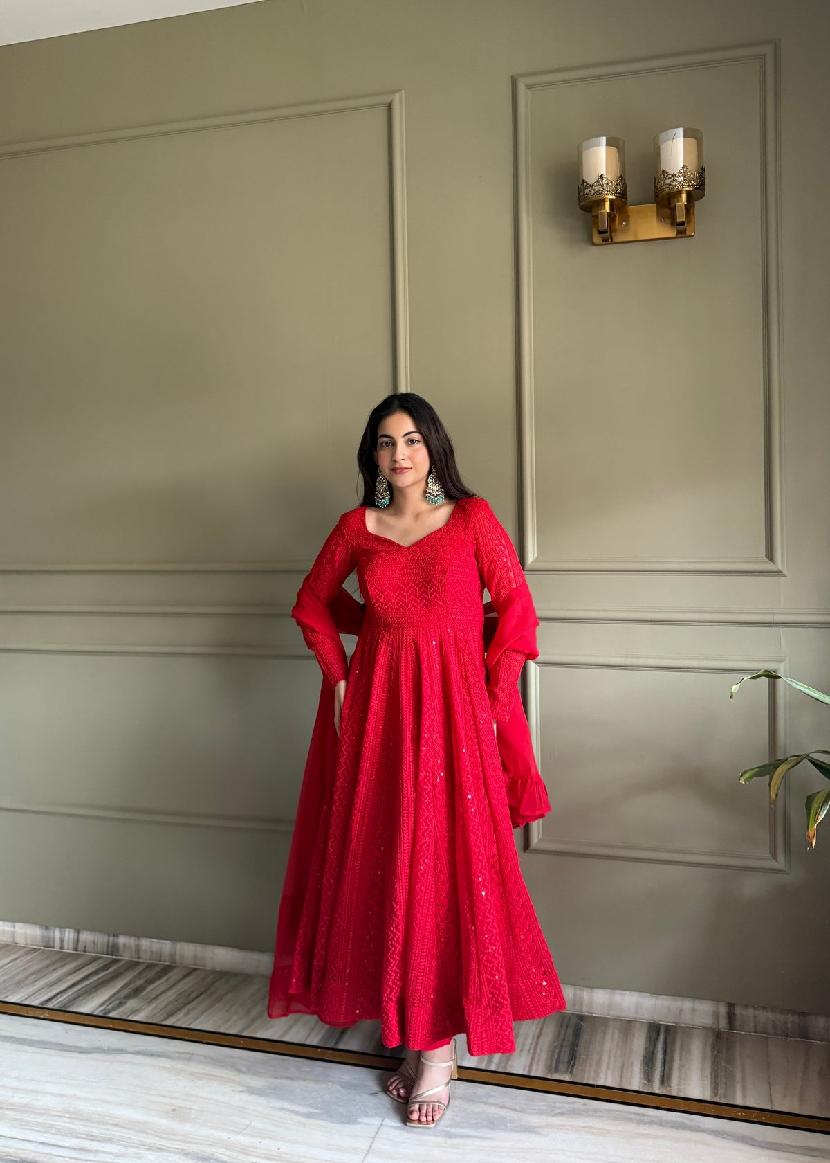 Lucknowi Fox Georgette Anarkali with Ruffle Dupatta & Pant Set