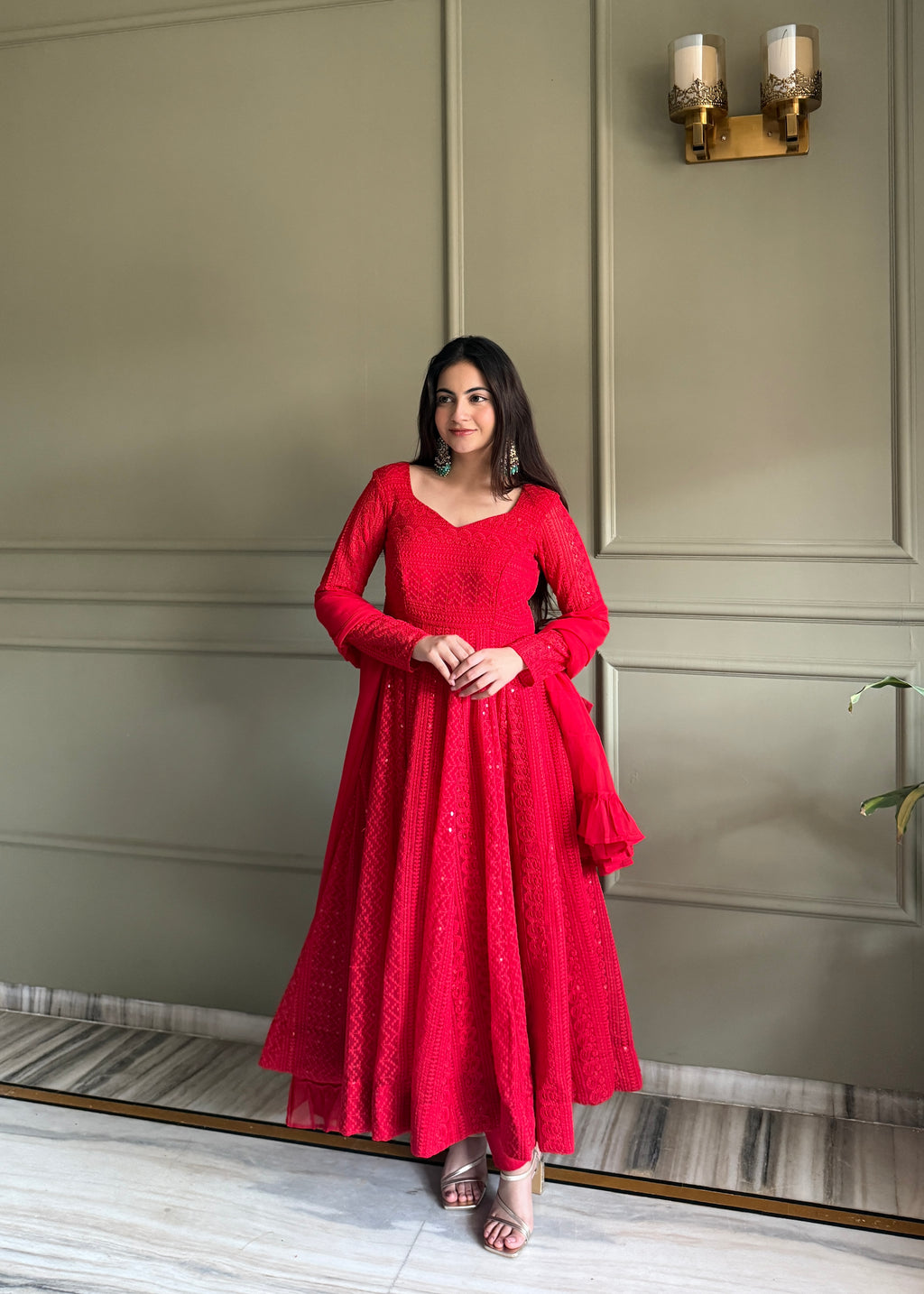 Lucknowi Fox Georgette Anarkali with Ruffle Dupatta & Pant Set