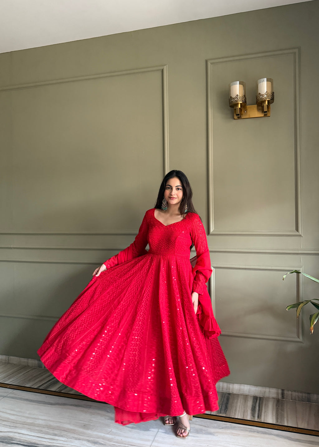 Lucknowi Fox Georgette Anarkali with Ruffle Dupatta & Pant Set