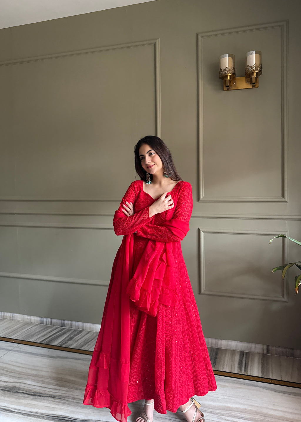Lucknowi Fox Georgette Anarkali with Ruffle Dupatta & Pant Set