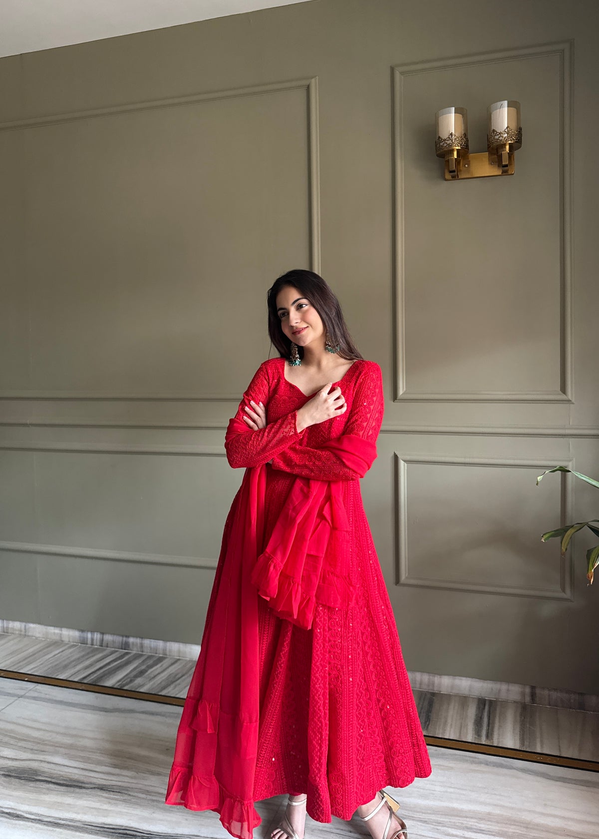 Lucknowi Fox Georgette Anarkali with Ruffle Dupatta & Pant Set