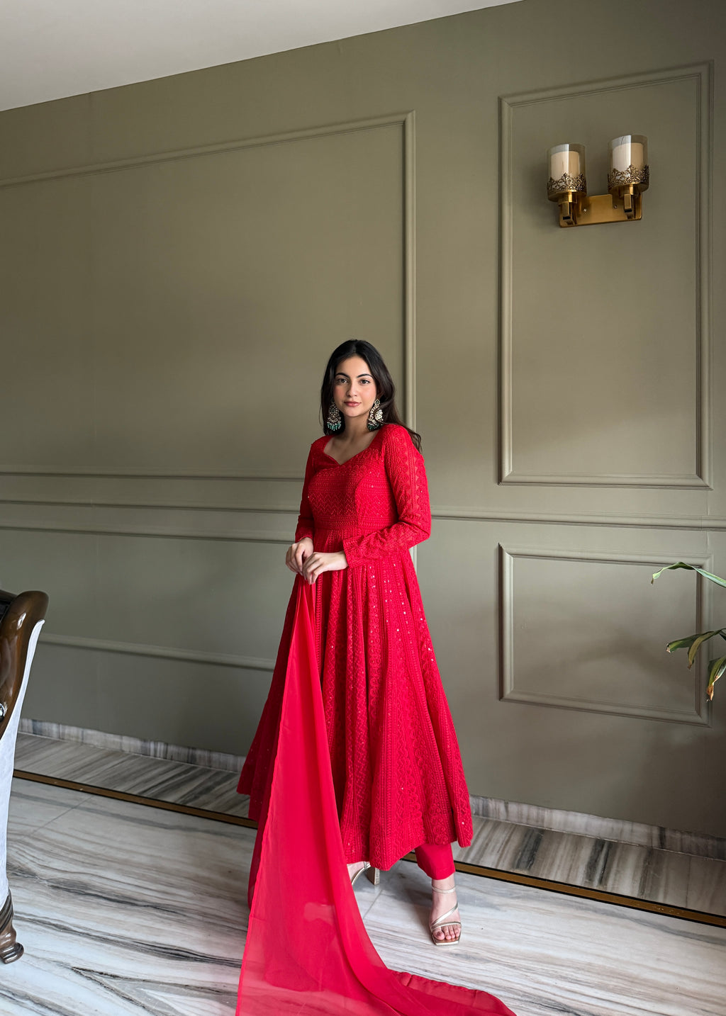 Lucknowi Fox Georgette Anarkali with Ruffle Dupatta & Pant Set