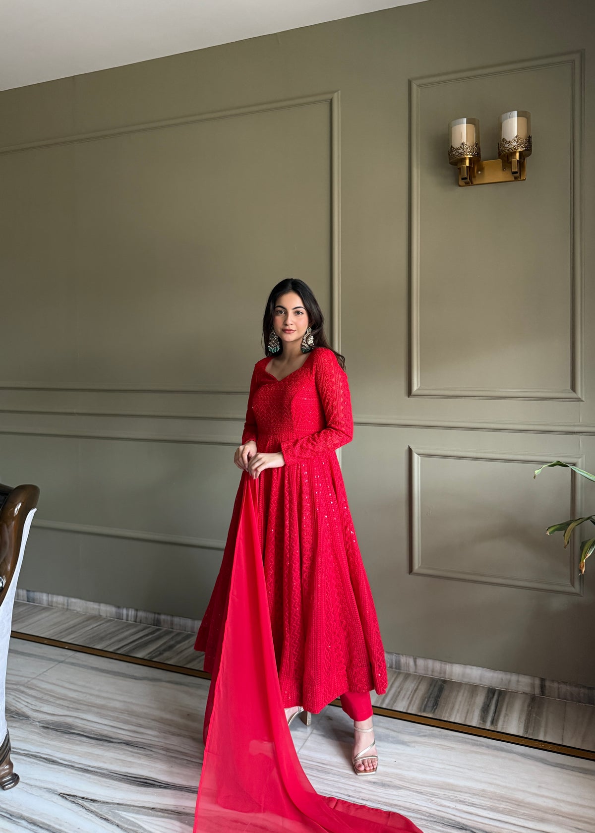 Lucknowi Fox Georgette Anarkali with Ruffle Dupatta & Pant Set