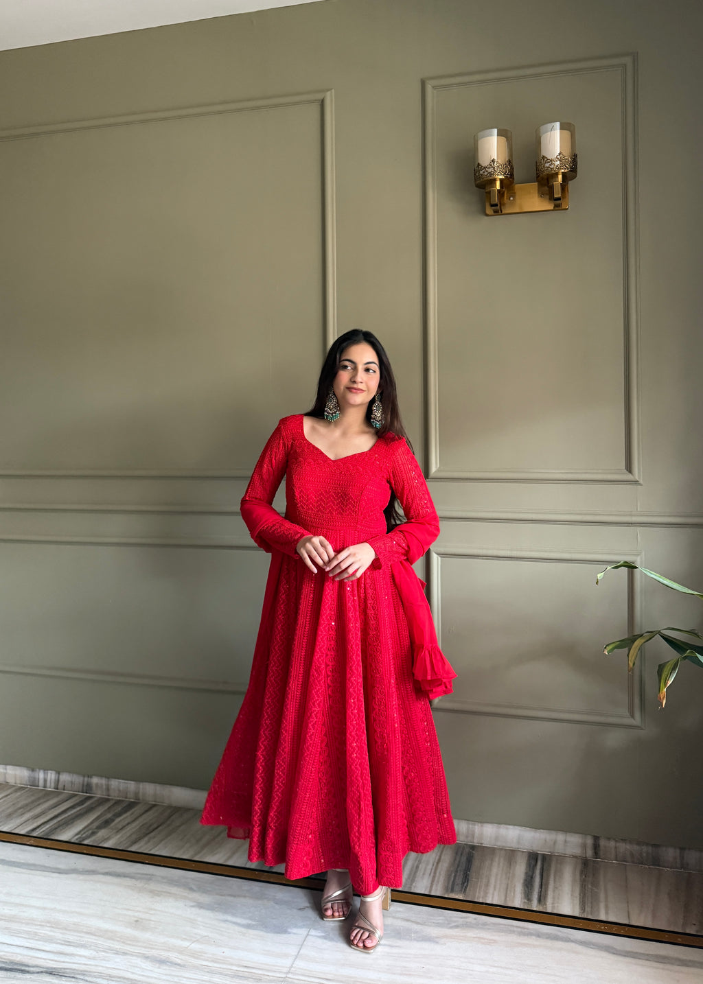 Lucknowi Fox Georgette Anarkali with Ruffle Dupatta & Pant Set
