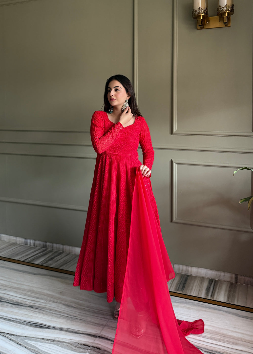 Lucknowi Fox Georgette Anarkali with Ruffle Dupatta & Pant Set