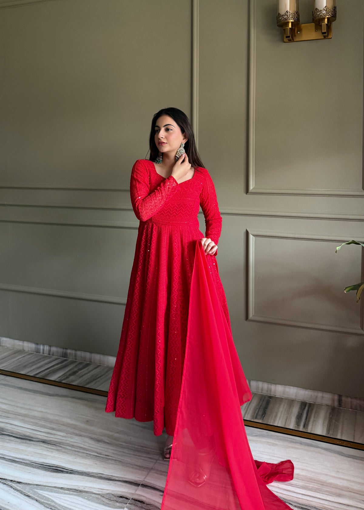 Lucknowi Fox Georgette Anarkali with Ruffle Dupatta & Pant Set