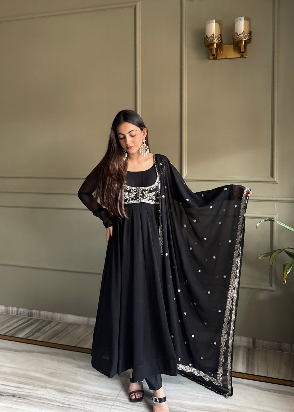 Fox Georgette 16-Kali Flared Anarkali Gown with Embroidered Koti, Jari Dupatta & Pant Set