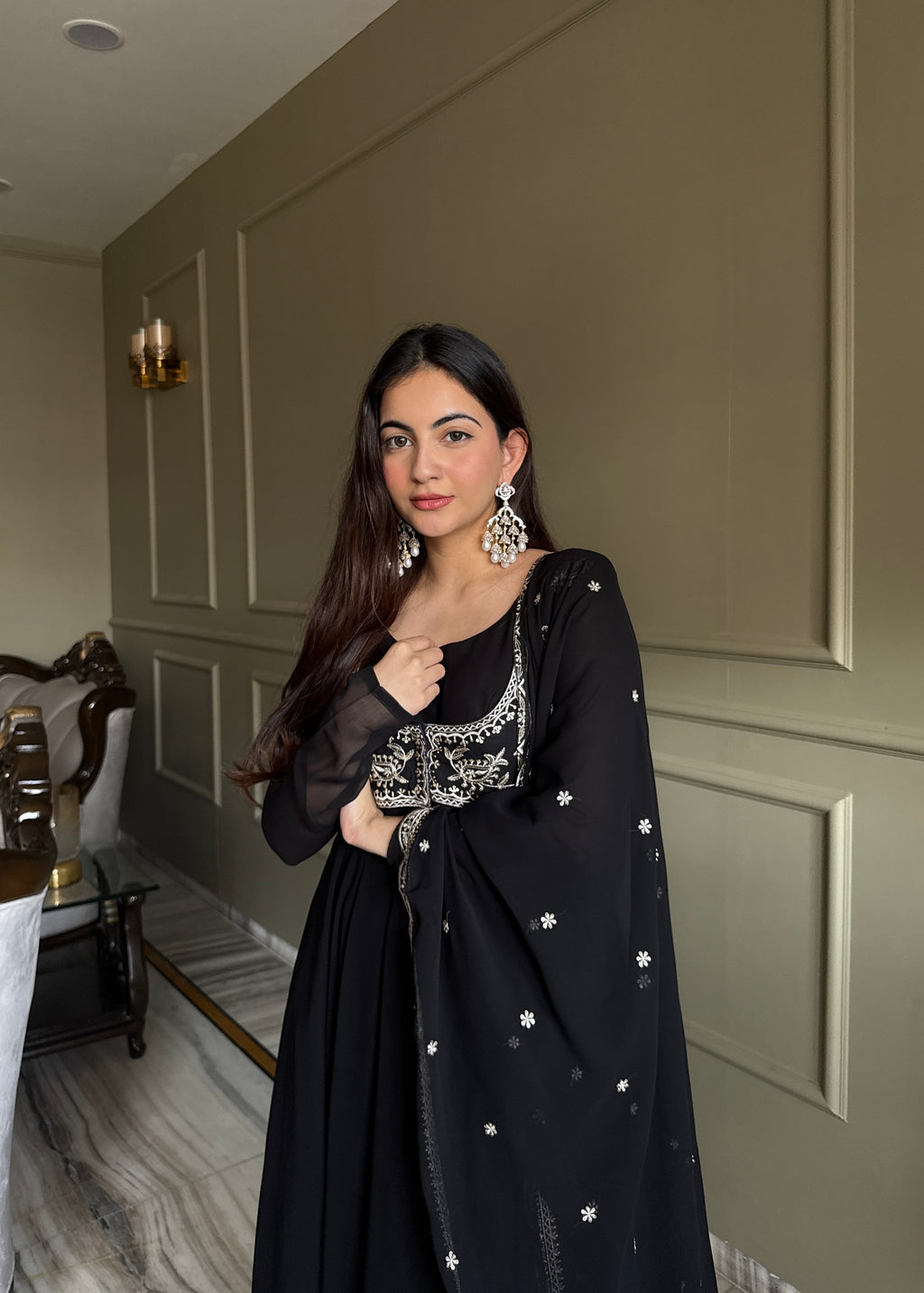 Fox Georgette 16-Kali Flared Anarkali Gown with Embroidered Koti, Jari Dupatta & Pant Set