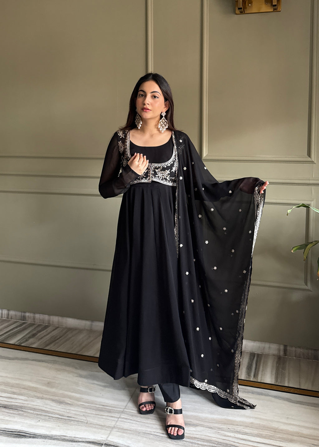Fox Georgette 16-Kali Flared Anarkali Gown with Embroidered Koti, Jari Dupatta & Pant Set