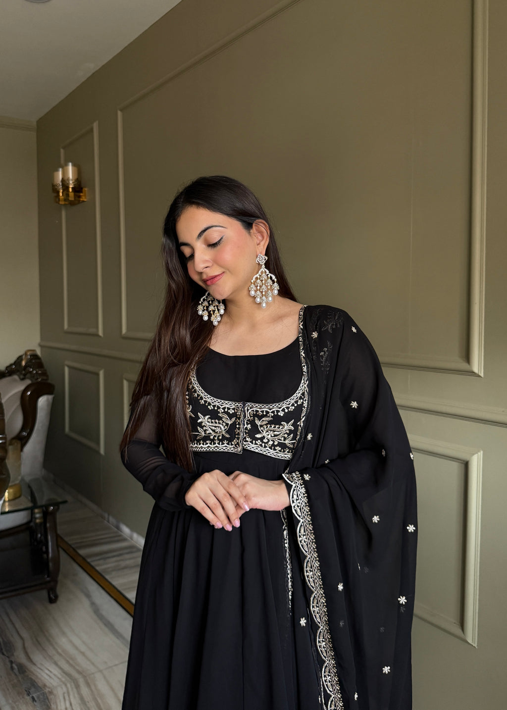 Fox Georgette 16-Kali Flared Anarkali Gown with Embroidered Koti, Jari Dupatta & Pant Set