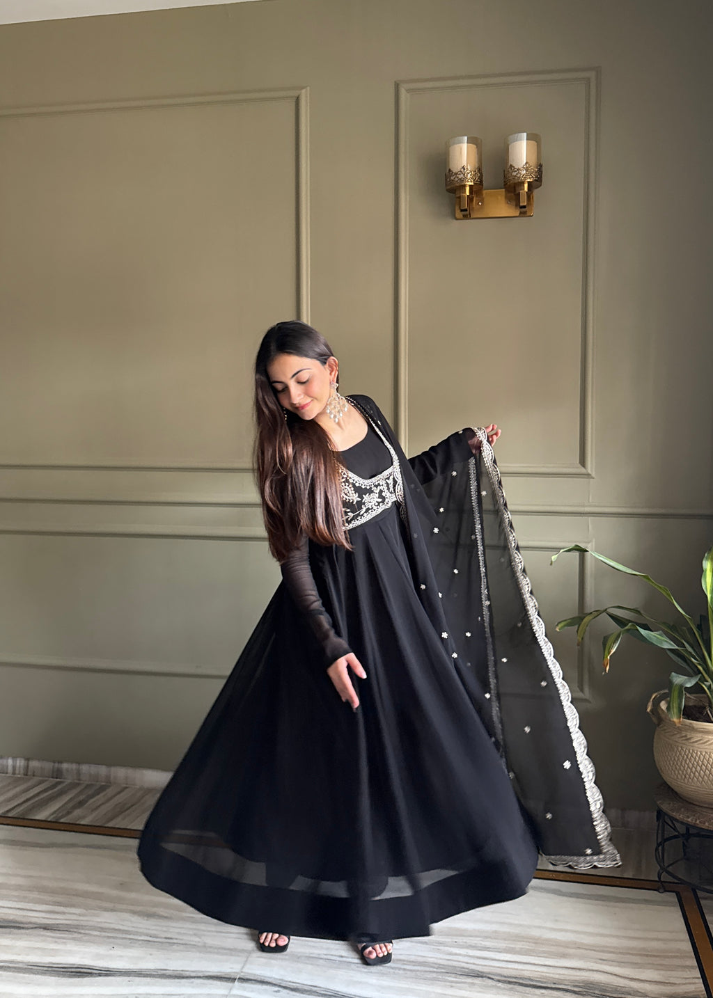 Fox Georgette 16-Kali Flared Anarkali Gown with Embroidered Koti, Jari Dupatta & Pant Set