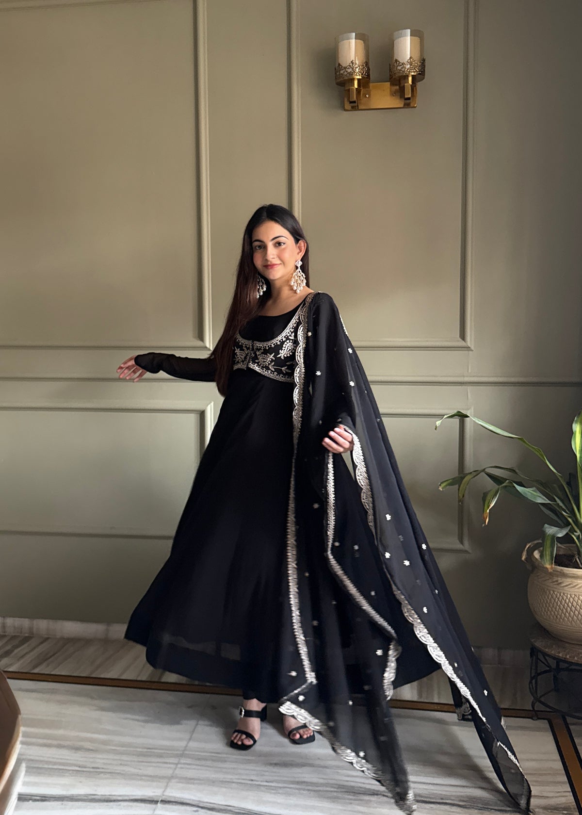 Fox Georgette 16-Kali Flared Anarkali Gown with Embroidered Koti, Jari Dupatta & Pant Set