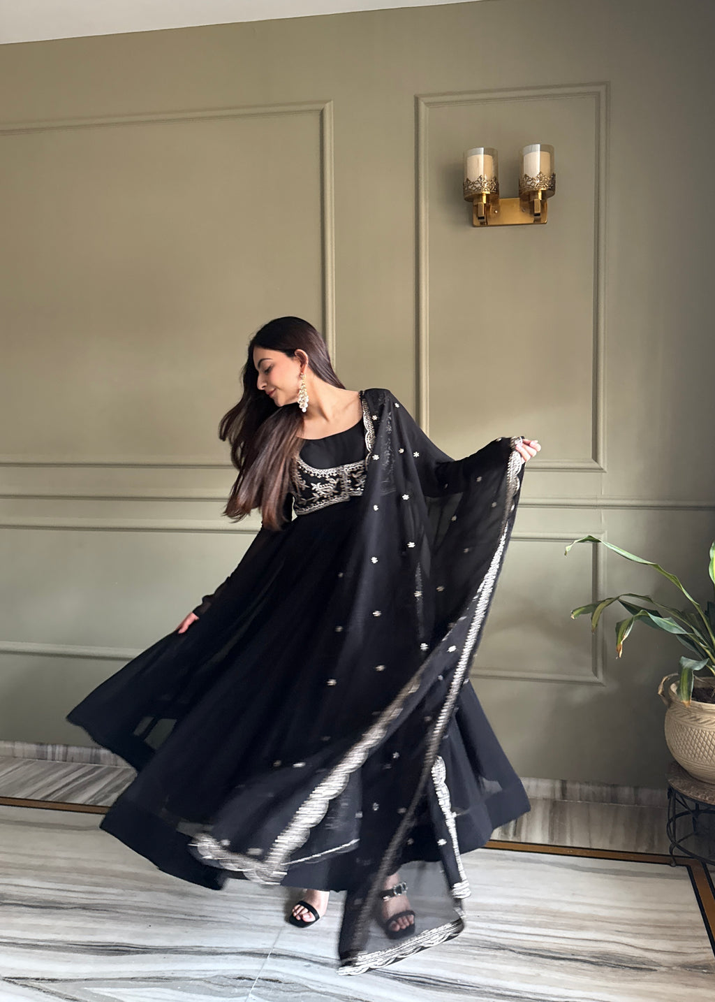 Fox Georgette 16-Kali Flared Anarkali Gown with Embroidered Koti, Jari Dupatta & Pant Set