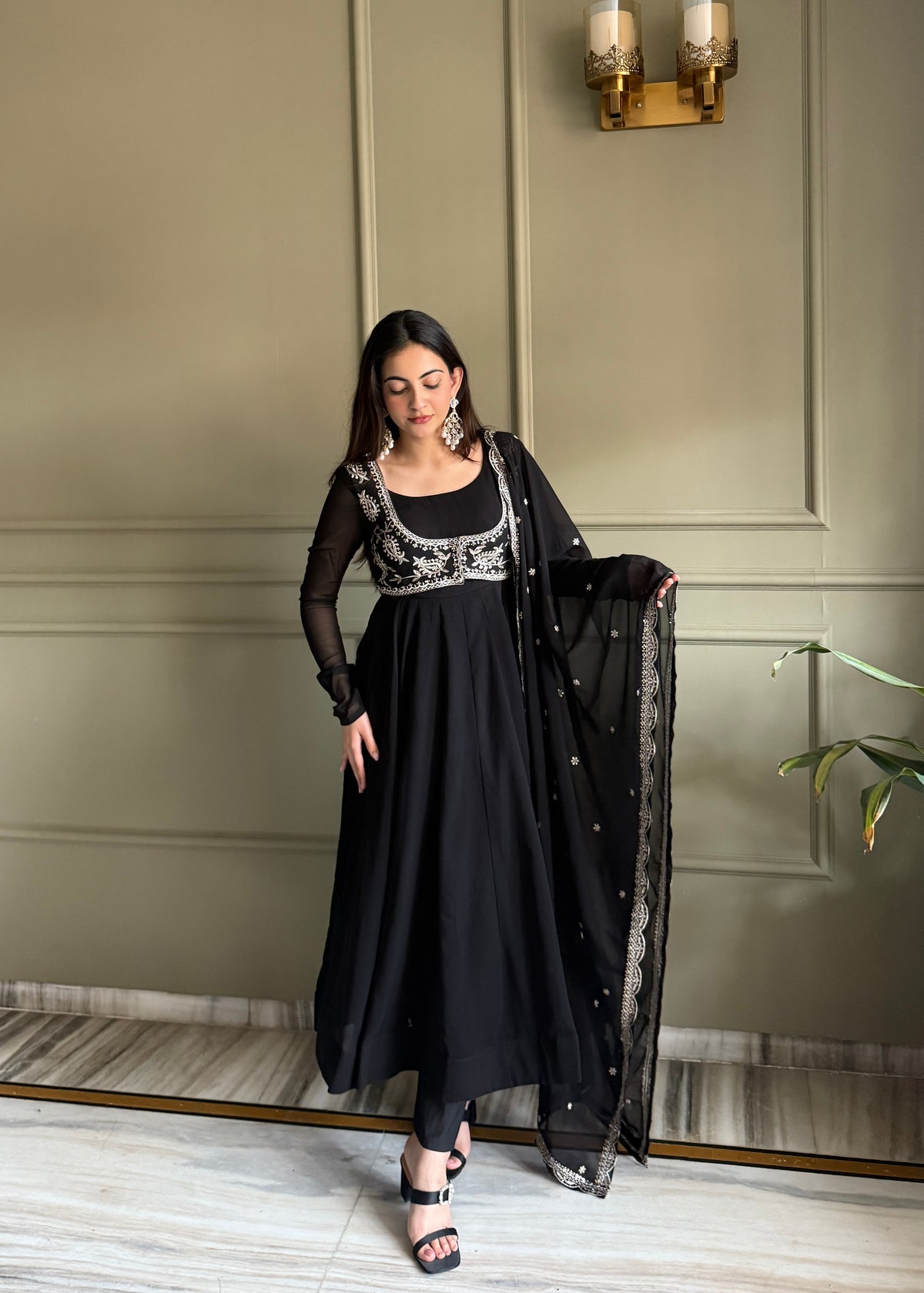 Fox Georgette 16-Kali Flared Anarkali Gown with Embroidered Koti, Jari Dupatta & Pant Set