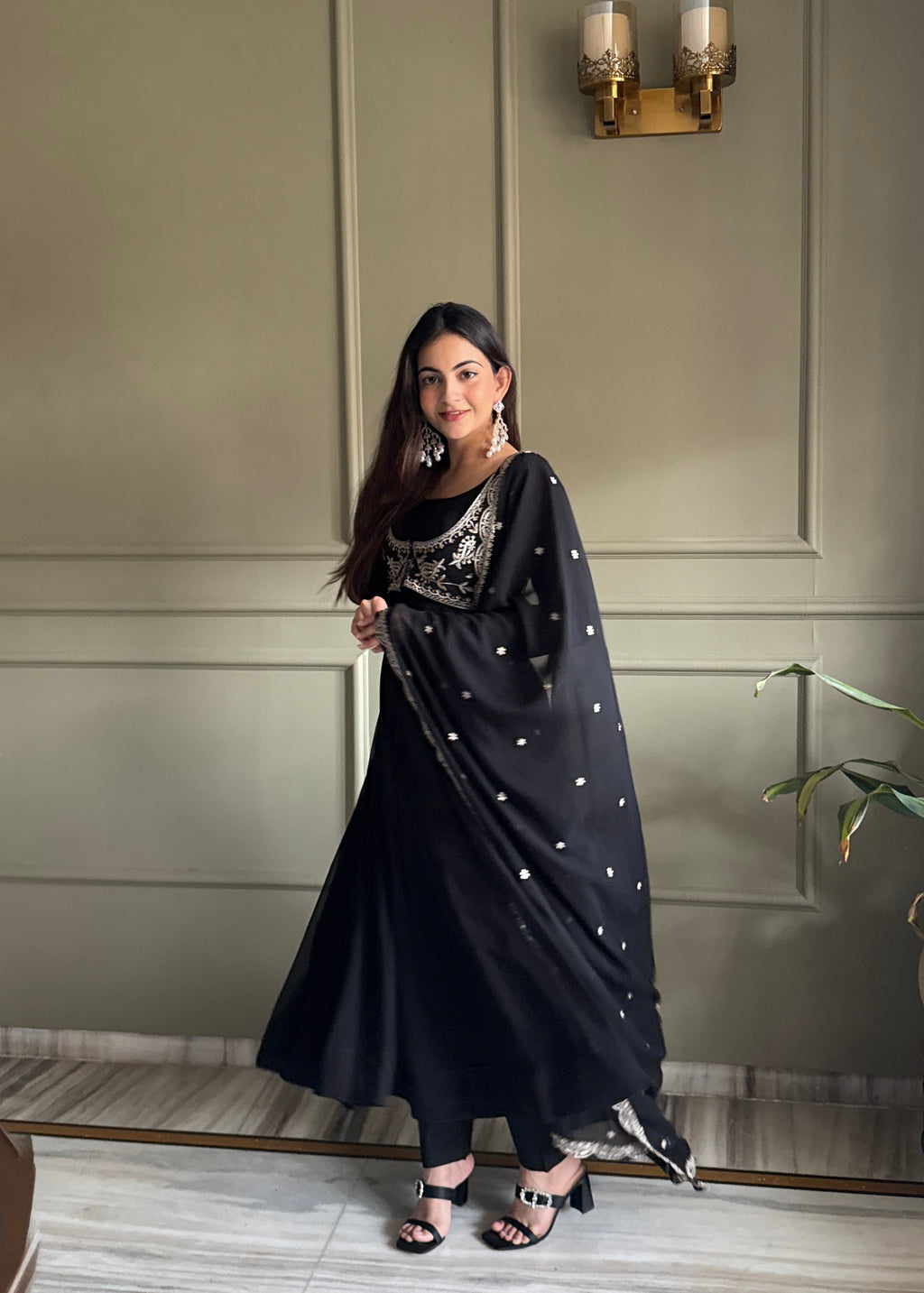 Fox Georgette 16-Kali Flared Anarkali Gown with Embroidered Koti, Jari Dupatta & Pant Set