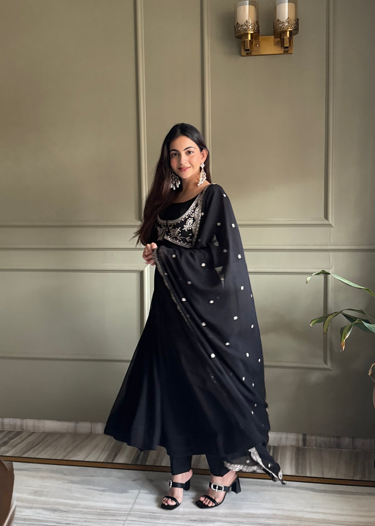 Fox Georgette 16-Kali Flared Anarkali Gown with Embroidered Koti, Jari Dupatta & Pant Set