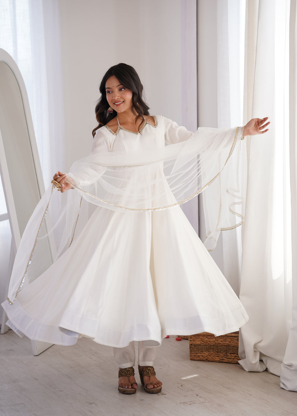 RomanSilk Chanderi Flared Anarkali Gown with Mirror Lace Dupatta & Pant Set