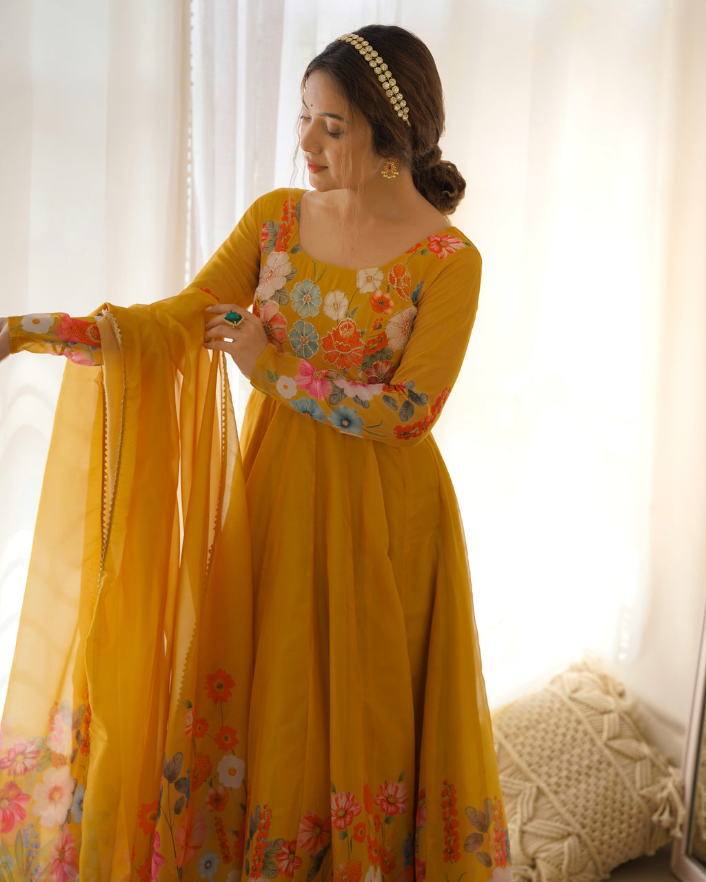 Floral Organza Silk Printed Anarkali with Badla Jari Handwork & Gota Patti Dupatta