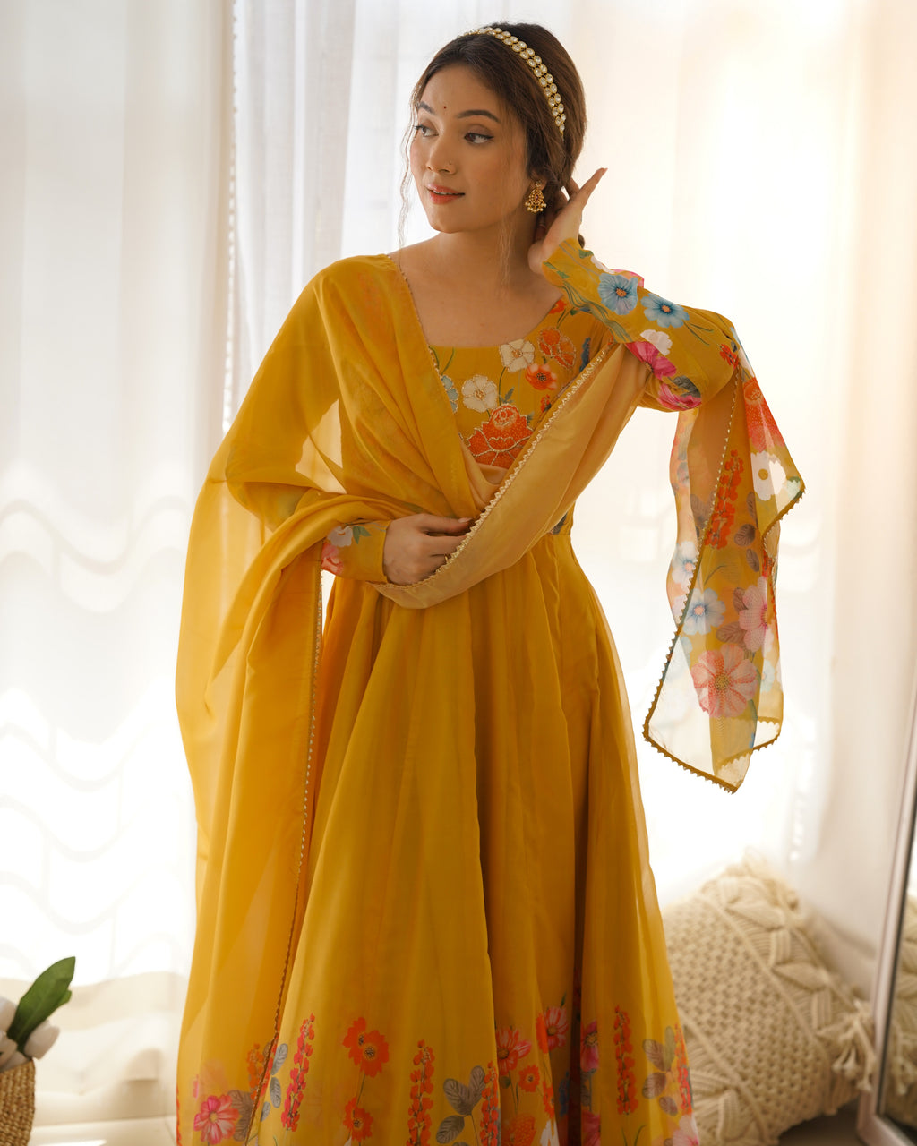 Floral Organza Silk Printed Anarkali with Badla Jari Handwork & Gota Patti Dupatta