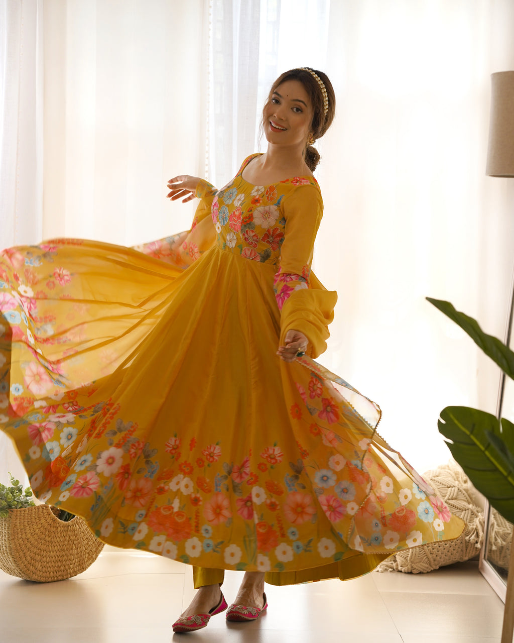 Floral Organza Silk Printed Anarkali with Badla Jari Handwork & Gota Patti Dupatta