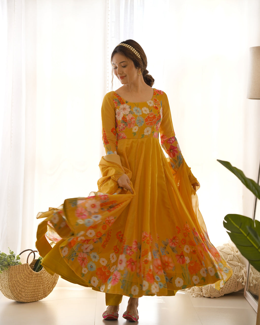 Floral Organza Silk Printed Anarkali with Badla Jari Handwork & Gota Patti Dupatta