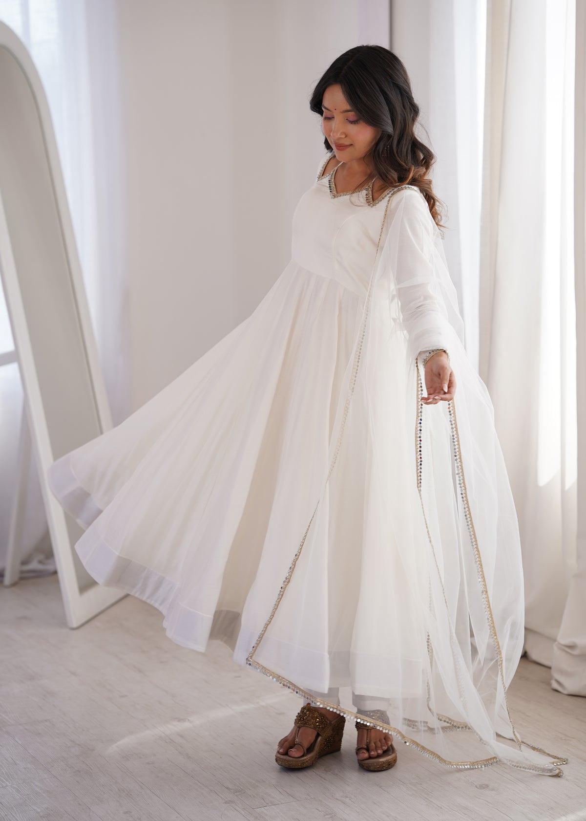 RomanSilk Chanderi Flared Anarkali Gown with Mirror Lace Dupatta & Pant Set