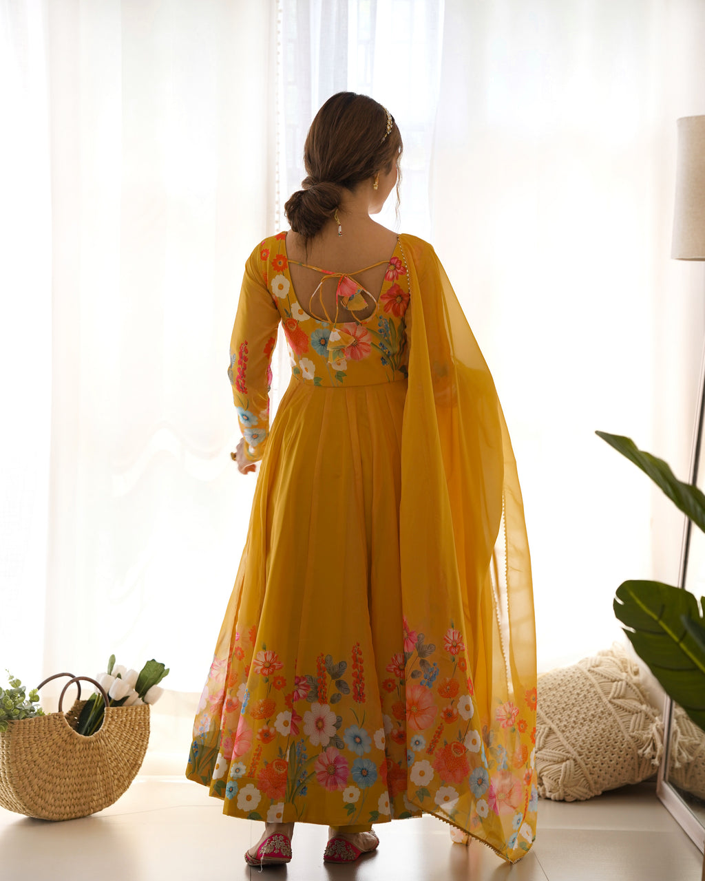 Floral Organza Silk Printed Anarkali with Badla Jari Handwork & Gota Patti Dupatta