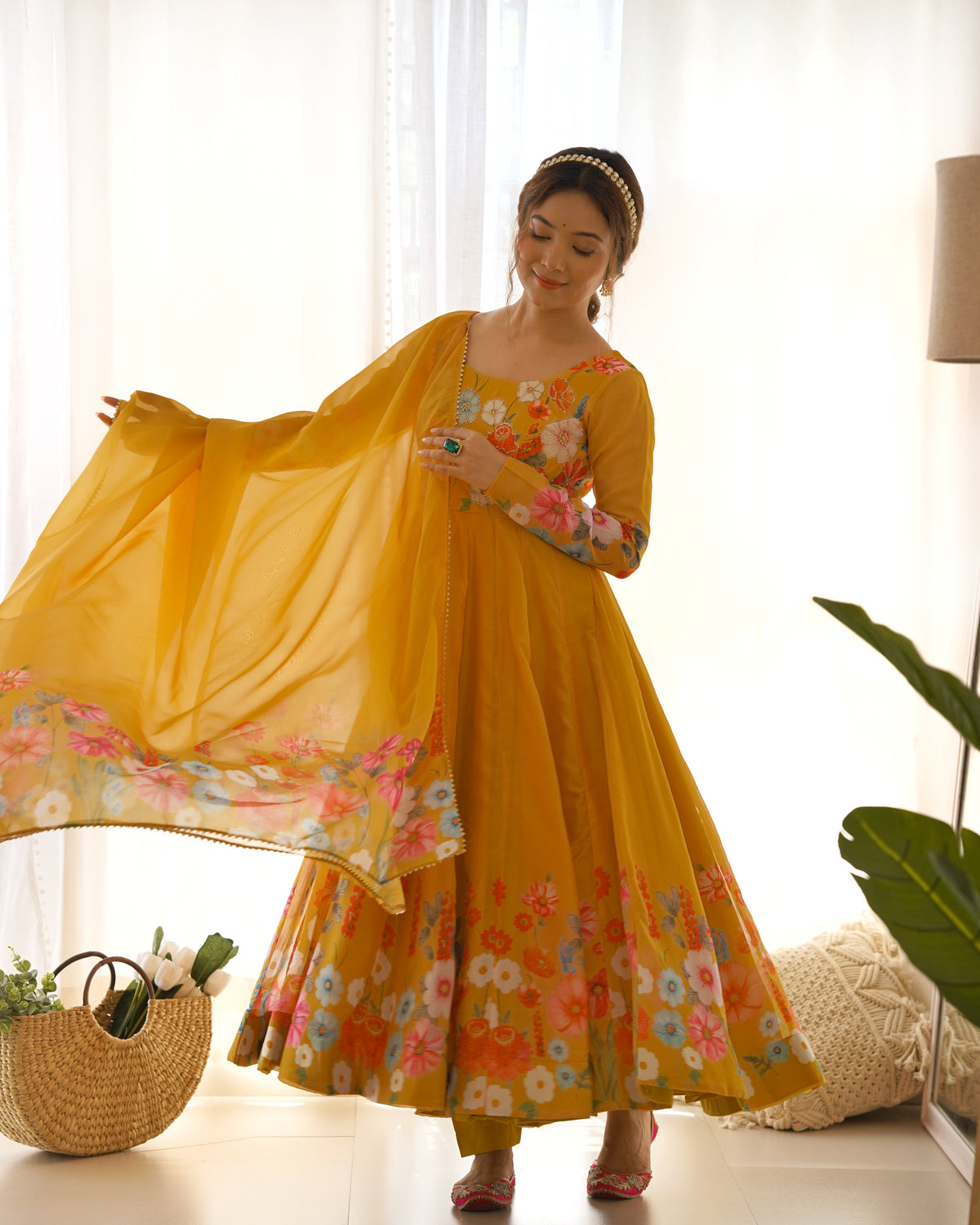 Floral Organza Silk Printed Anarkali with Badla Jari Handwork & Gota Patti Dupatta