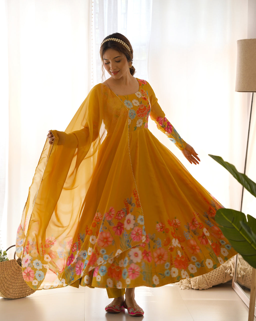 Floral Organza Silk Printed Anarkali with Badla Jari Handwork & Gota Patti Dupatta