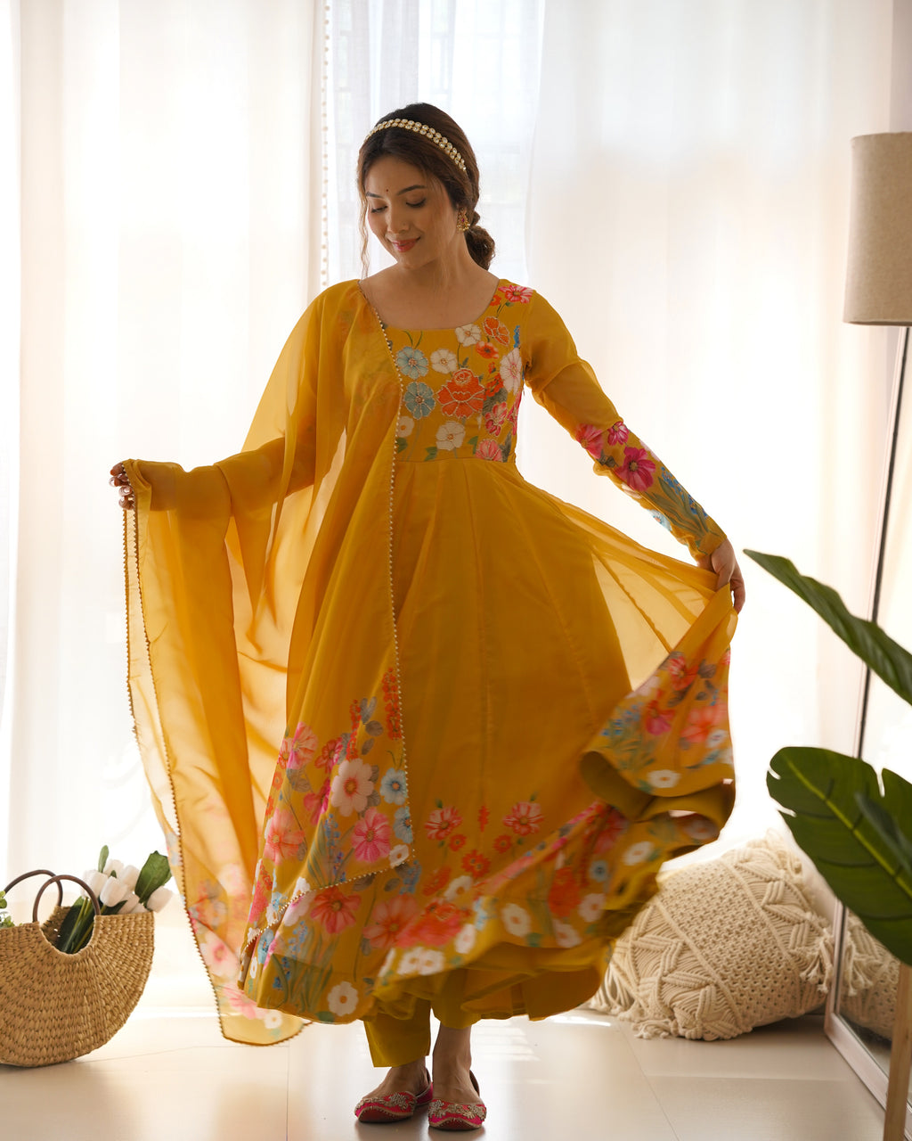 Floral Organza Silk Printed Anarkali with Badla Jari Handwork & Gota Patti Dupatta