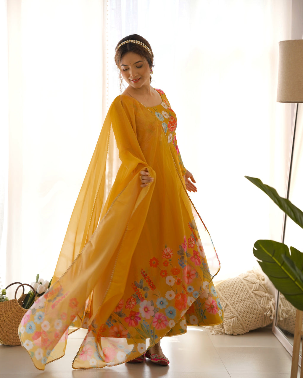 Floral Organza Silk Printed Anarkali with Badla Jari Handwork & Gota Patti Dupatta