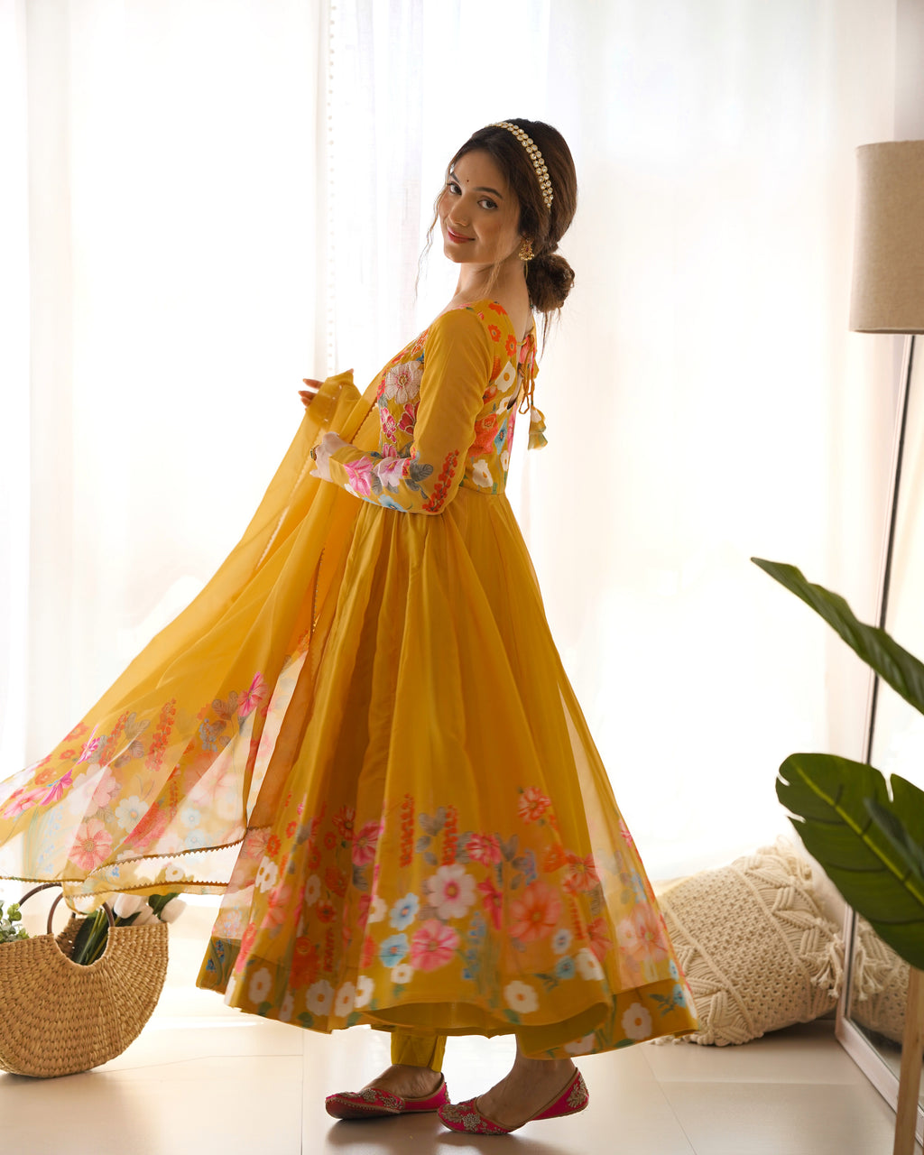 Floral Organza Silk Printed Anarkali with Badla Jari Handwork & Gota Patti Dupatta
