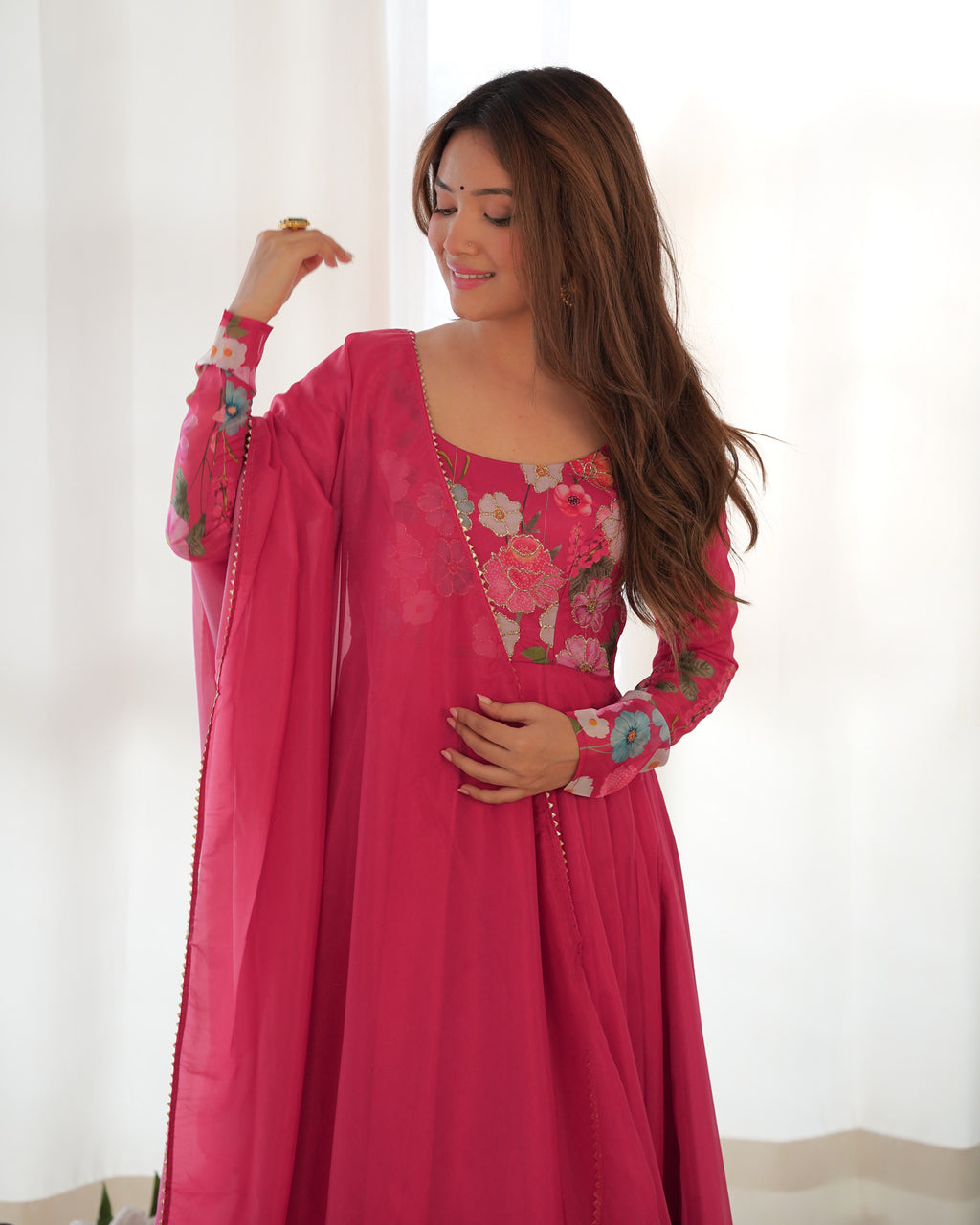 Floral Organza Silk Printed Anarkali with Badla Jari Handwork & Gota Patti Dupatta