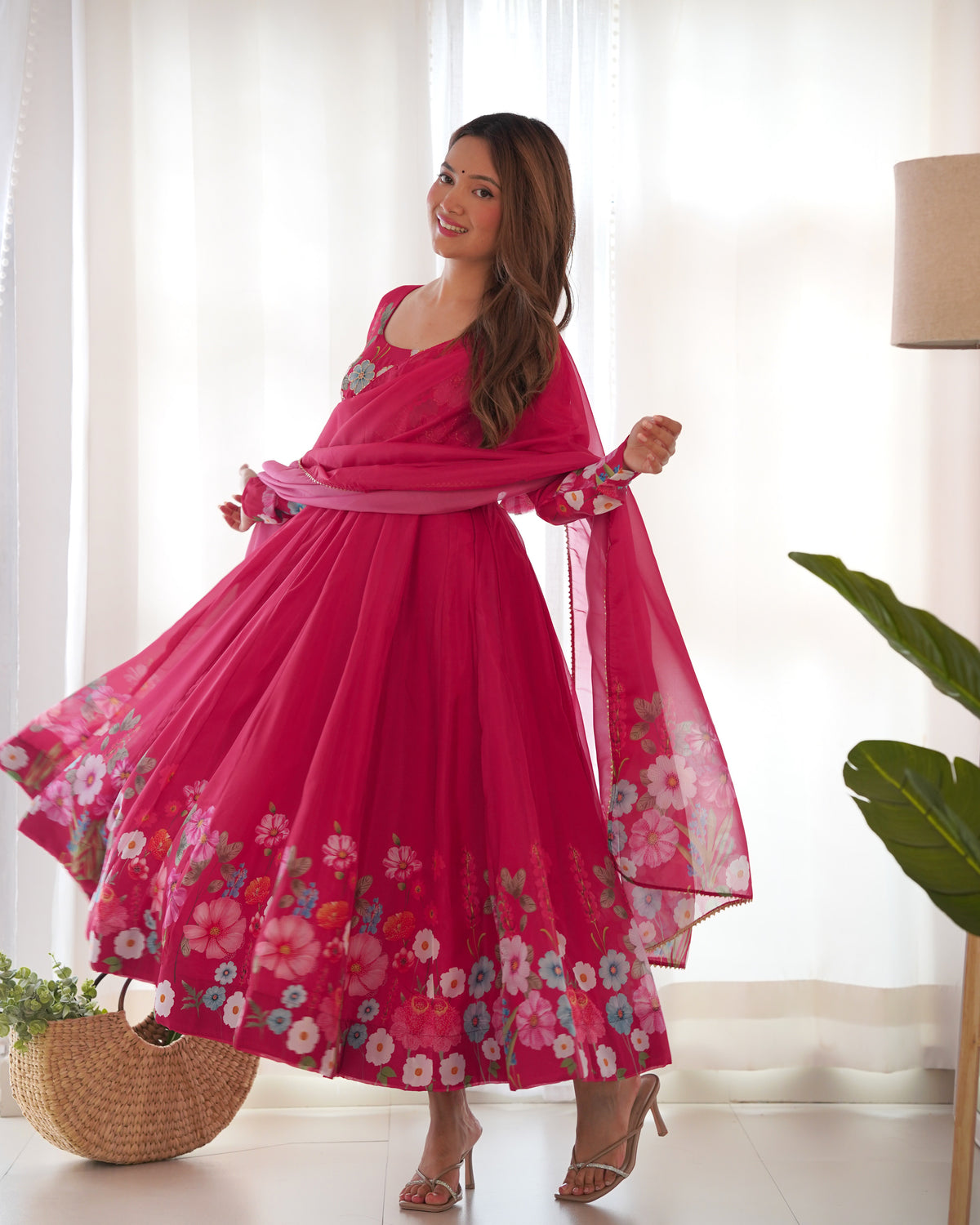 Floral Organza Silk Printed Anarkali with Badla Jari Handwork & Gota Patti Dupatta