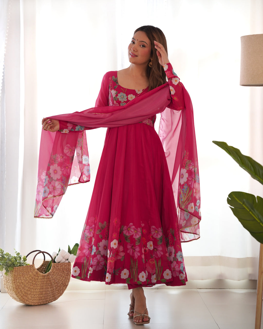 Floral Organza Silk Printed Anarkali with Badla Jari Handwork & Gota Patti Dupatta