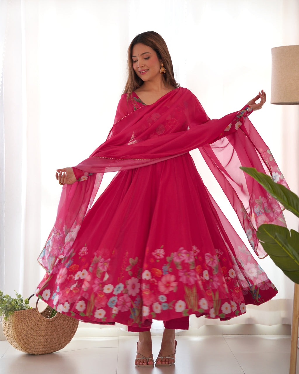 Floral Organza Silk Printed Anarkali with Badla Jari Handwork & Gota Patti Dupatta