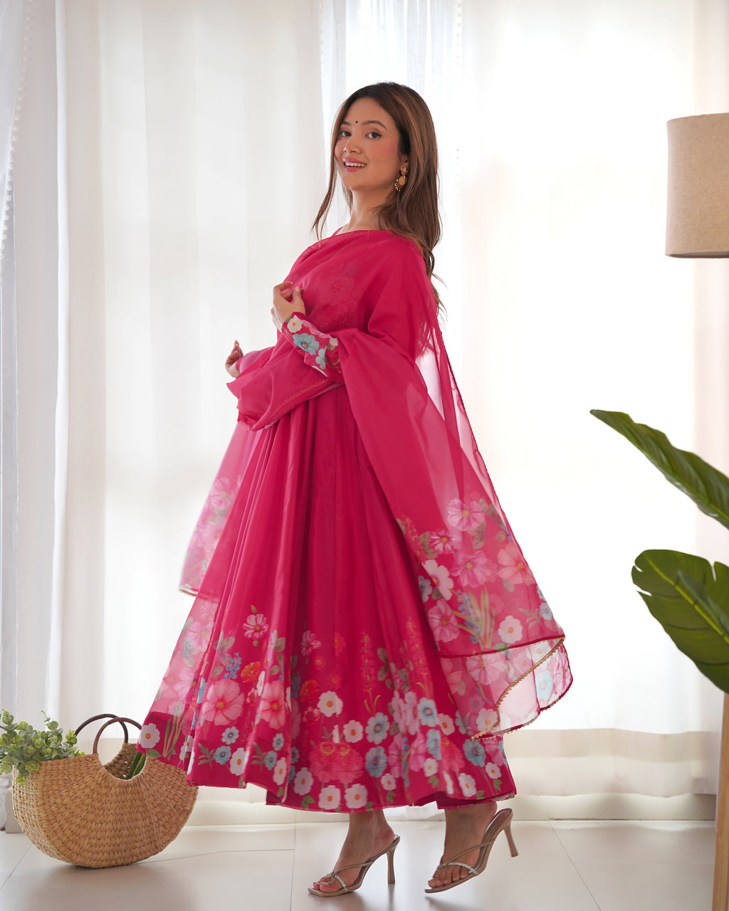 Floral Organza Silk Printed Anarkali with Badla Jari Handwork & Gota Patti Dupatta