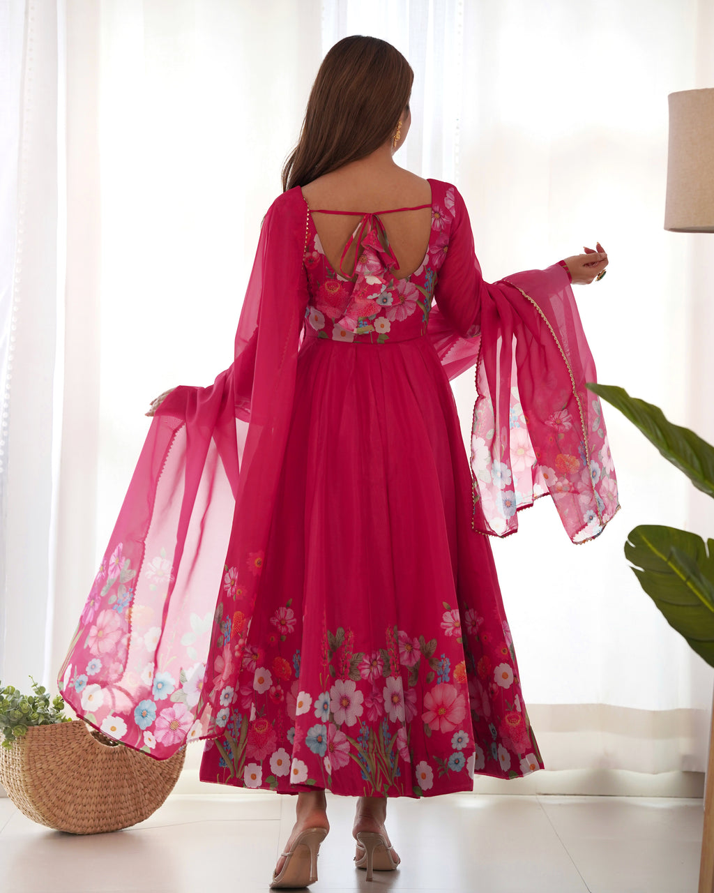 Floral Organza Silk Printed Anarkali with Badla Jari Handwork & Gota Patti Dupatta