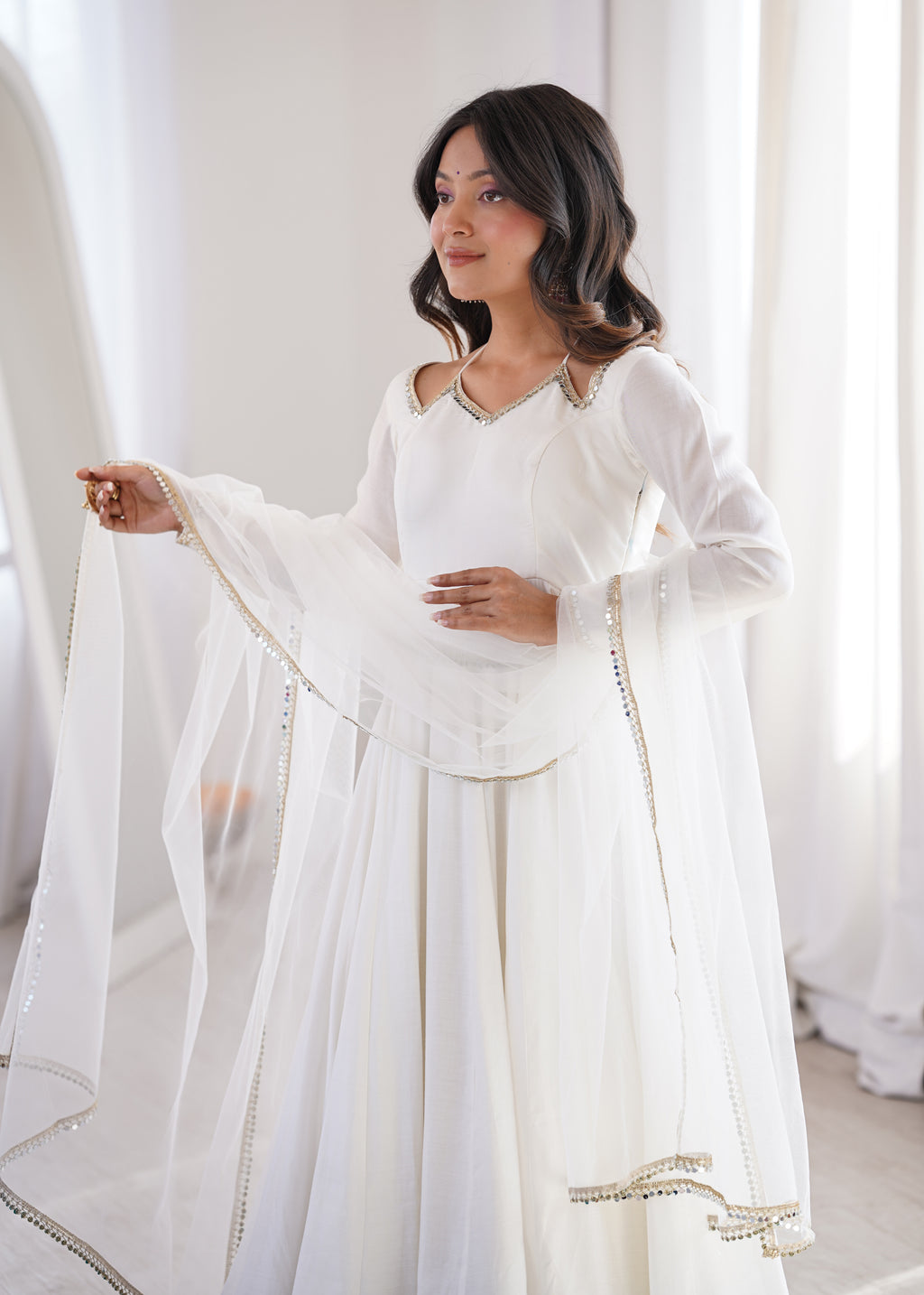 RomanSilk Chanderi Flared Anarkali Gown with Mirror Lace Dupatta & Pant Set